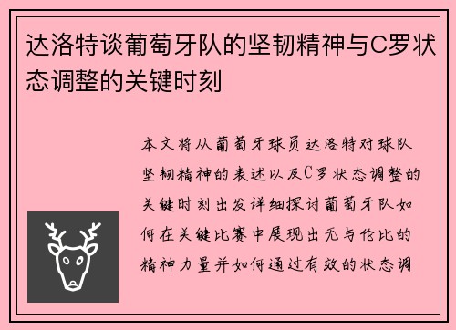 达洛特谈葡萄牙队的坚韧精神与C罗状态调整的关键时刻