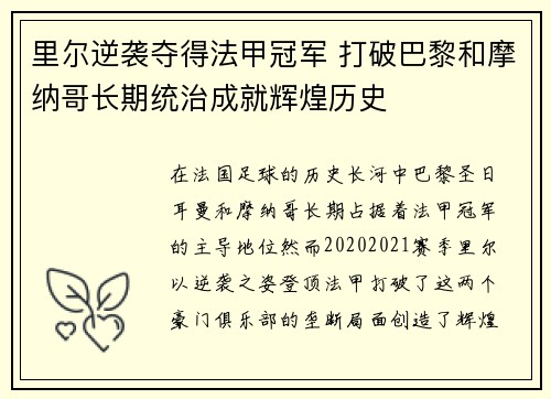里尔逆袭夺得法甲冠军 打破巴黎和摩纳哥长期统治成就辉煌历史