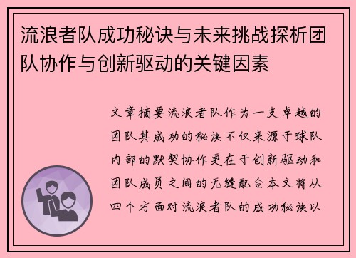 流浪者队成功秘诀与未来挑战探析团队协作与创新驱动的关键因素